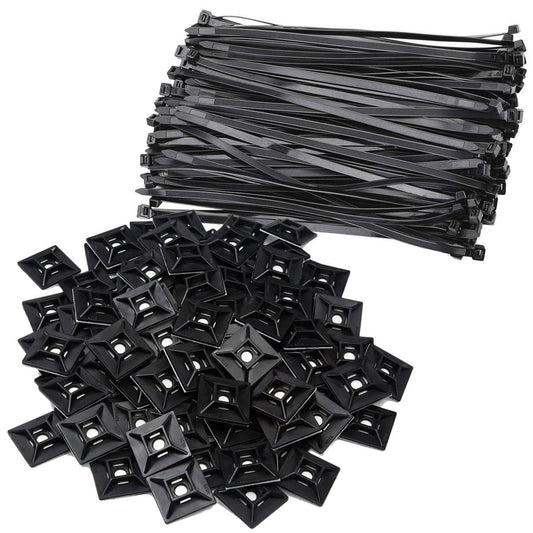 Best Connections 1" Self Adhesive Black Cable Zip Tie Mounts 100 pcs with 7" Zip Ties - UV Protection Indoor/Outdoor Wire Fasteners Cable Ties Management Organizer