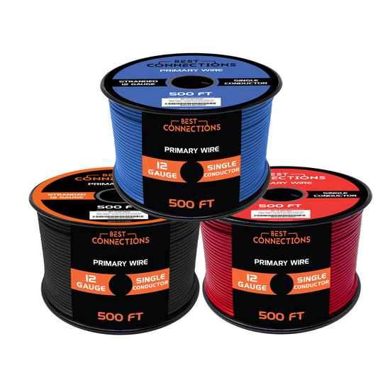 BEST CONNECTIONS 12 Gauge Automotive Primary Wire (500ft Each 3 Color Bundle Set) | Ideal for Trailers, and Lighting Circuits | Durable Primary/Remote, Power/Ground Electrical Wiring