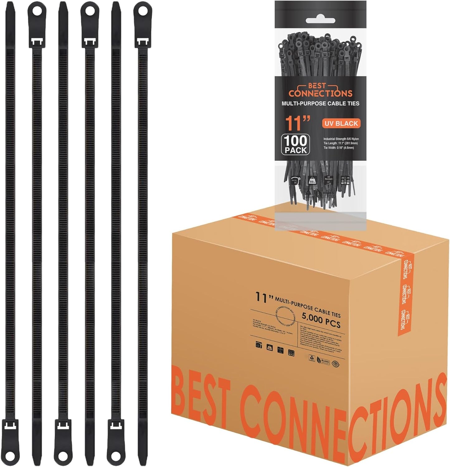 BEST CONNECTIONS Black Cable Zip Ties 11 Inches with Screw Down Hole for Mounting- Strong Nylon Wire Ties with 50lbs Tensile Strength – Cable Management Ties for Outdoor & Indoor