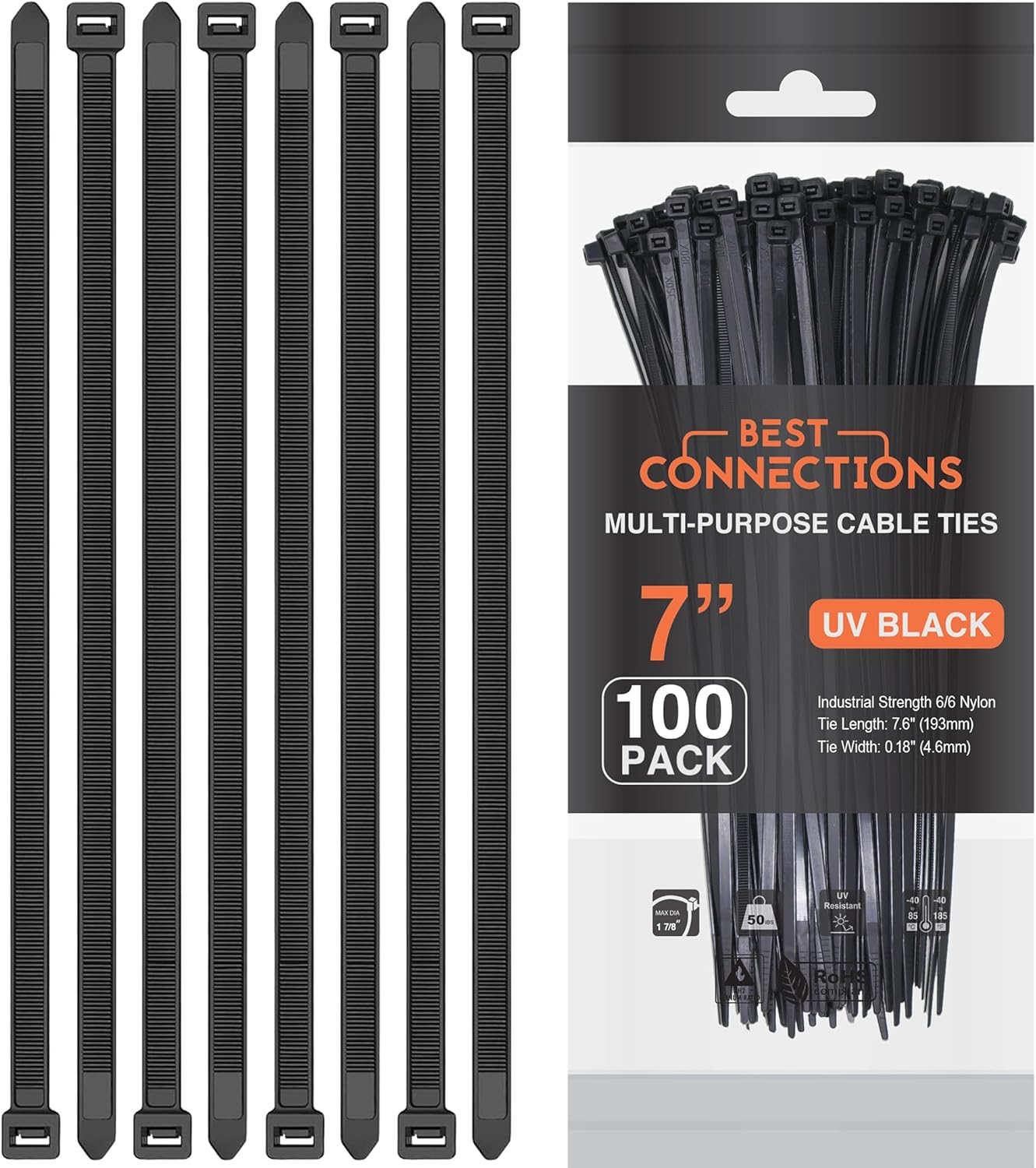 BEST CONNECTIONS Black Cable Zip Ties 7" Multi-Purpose Self-Locking Nylon Wire Ties with 50lbs Tensile Strength Cable Management Ties for Outdoor & Indoor