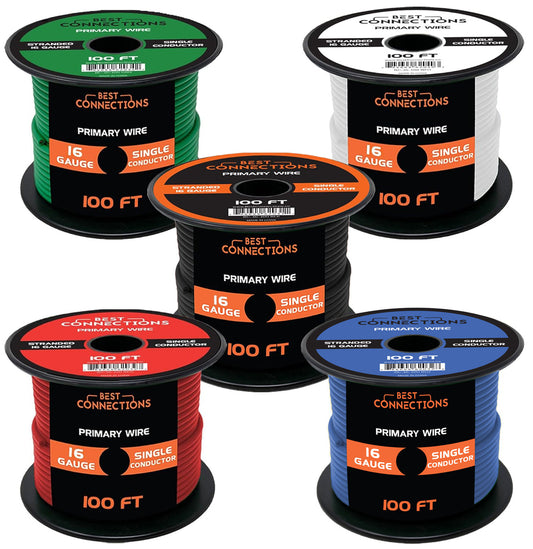 Best Connections 16 Gauge Car Audio Primary Wire (100ft–5 Rolls)– Remote, Power/Ground Electrical