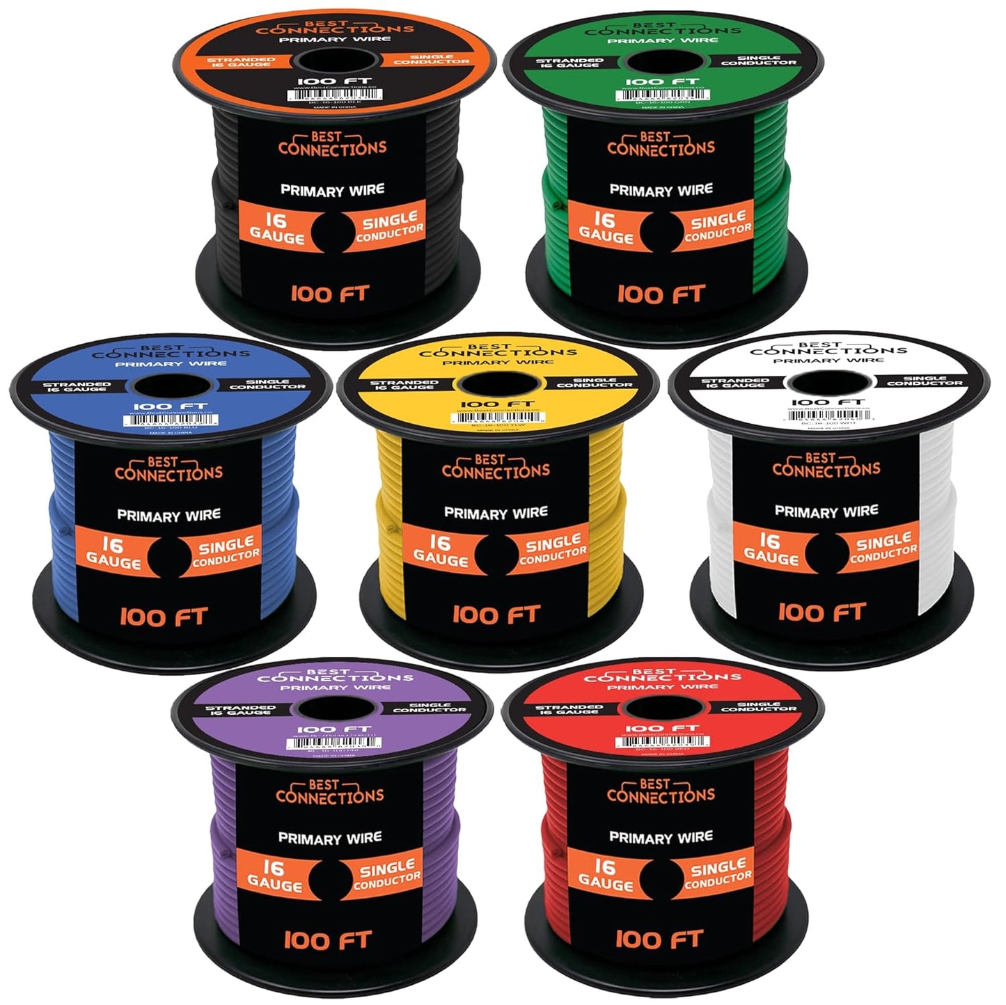 Best Connections 16 Gauge Car Audio Primary Wire 100ft–7 Rolls Remote, Power/Ground Electrical