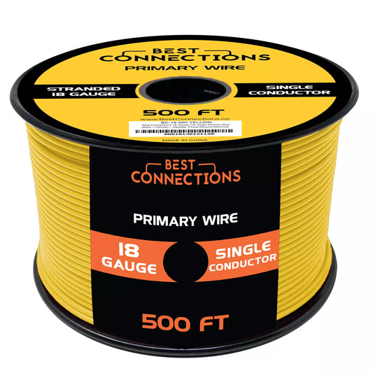 BEST CONNECTIONS Automotive Primary Wire - 500ft (Various Color Options) | Ideal for Trailer, Speaker, and Lighting Circuits | Durable Primary/Remote, Power/Ground Electrical Wiring - 18 Gauge