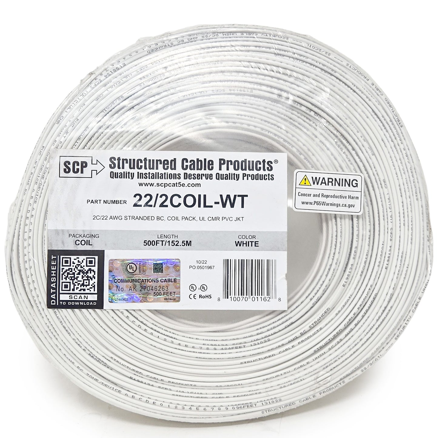 22 Gauge Stranded Copper Alarm Wire 2 Conductor 500 Feet Cable Coil Pack UL Rated