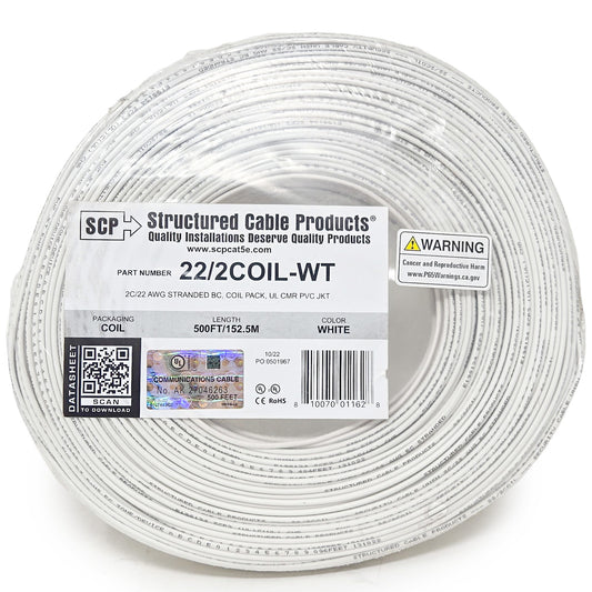 22 Gauge Stranded Copper Alarm Wire 2 Conductor 500 Feet Cable Coil Pack UL Rated