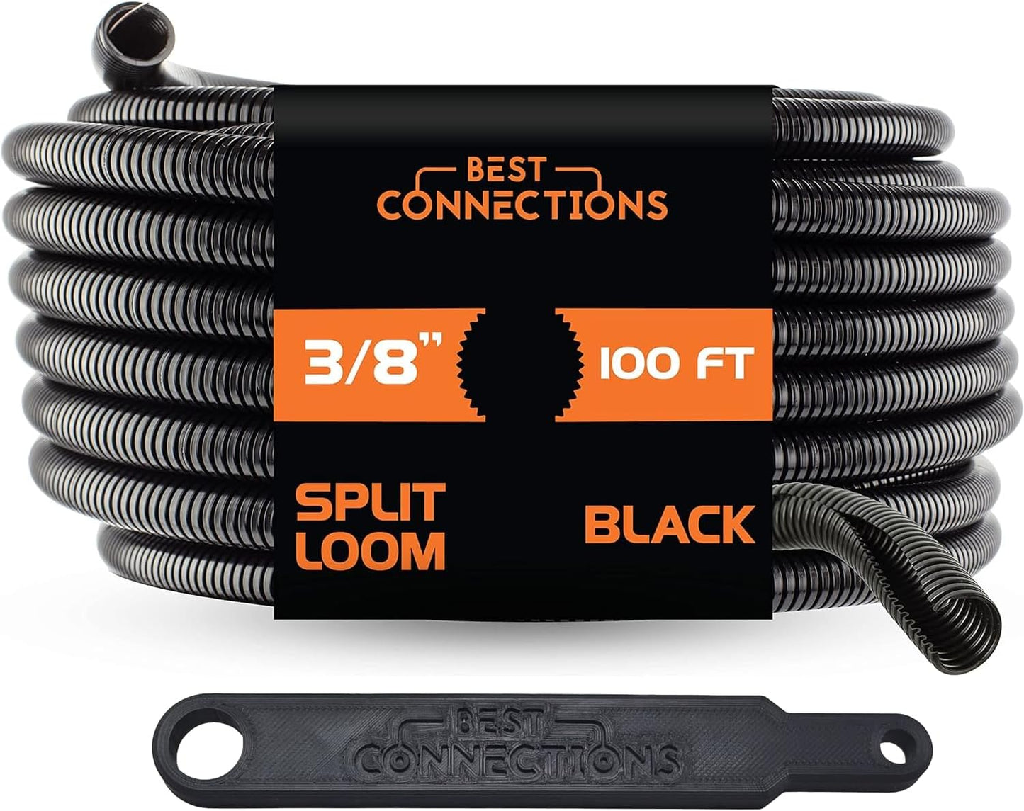 Best Connections 100 Ft 3/8" Split Wire Loom with Installation Tool Black Flex-Guard Convoluted Tubing
