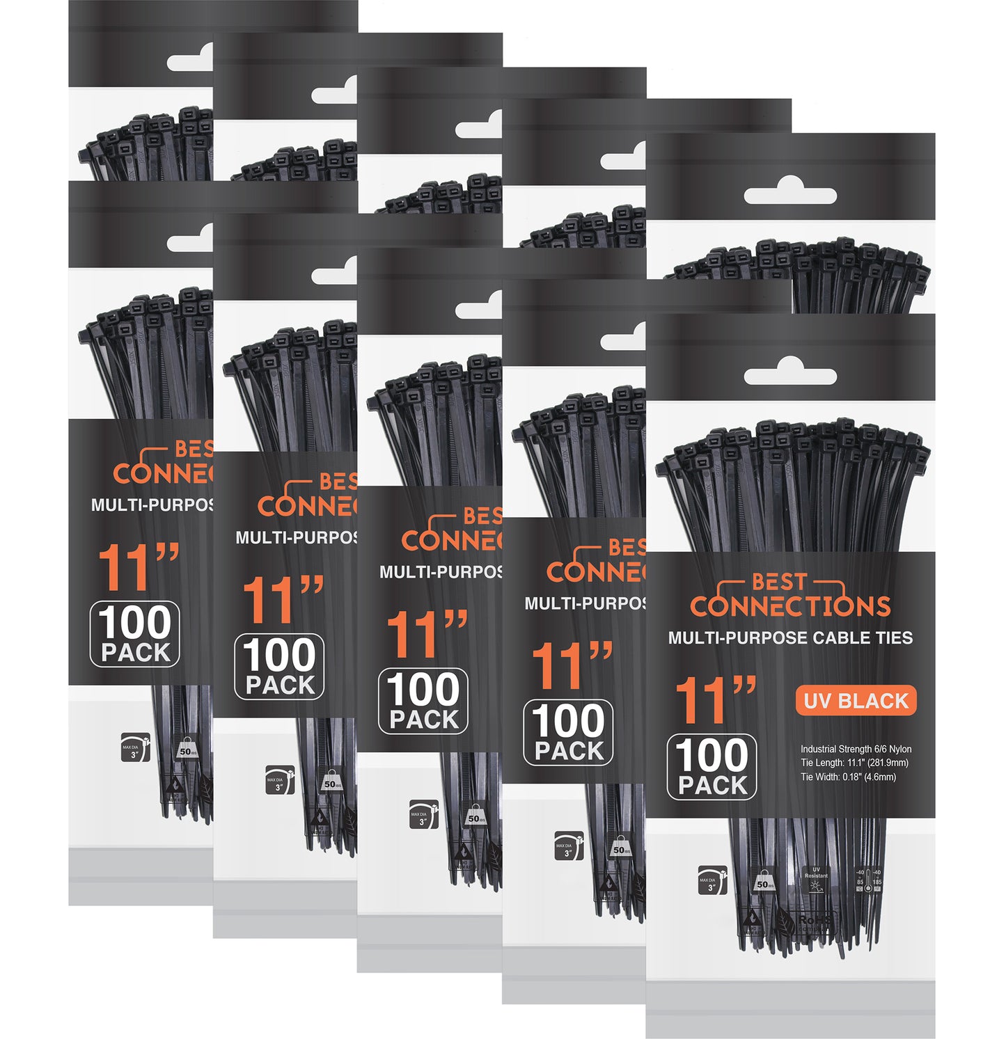 Best Connections 1000 Pieces 11" Black Nylon Cable Zip Wire Ties 50 Lbs Tensile Strength