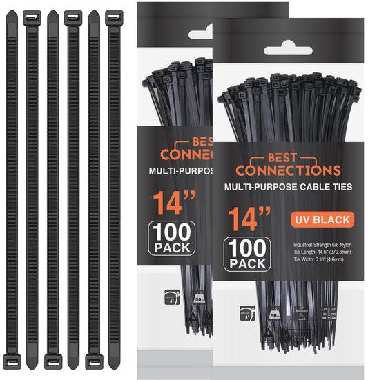 Best Connections 200 Pieces 14" Black Nylon Cable Straps Zip Ties Wire 50 Lbs Tensile Strength