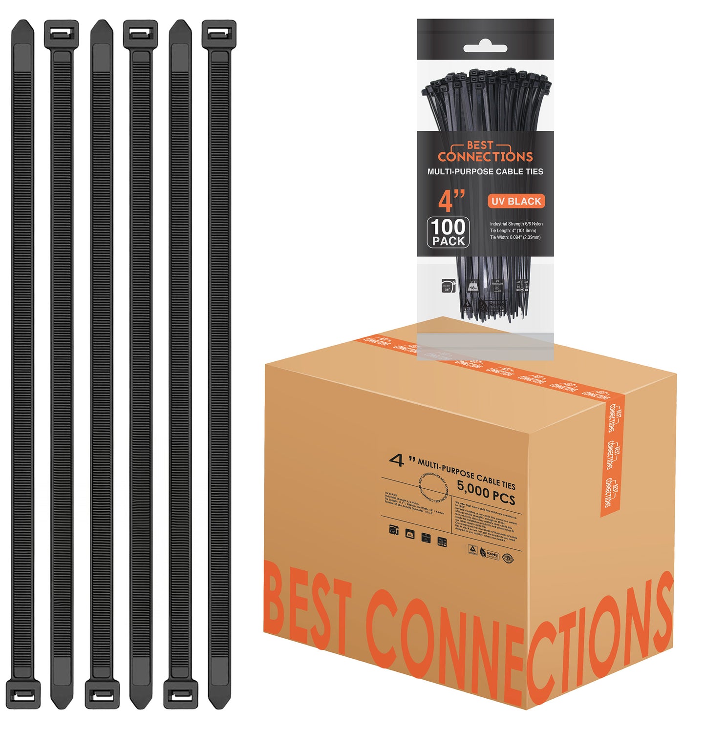 Best Connections 5000 Pcs 4" Inch Nylon Black Cable Zip Ties Wire Straps (50 Bags of 100)