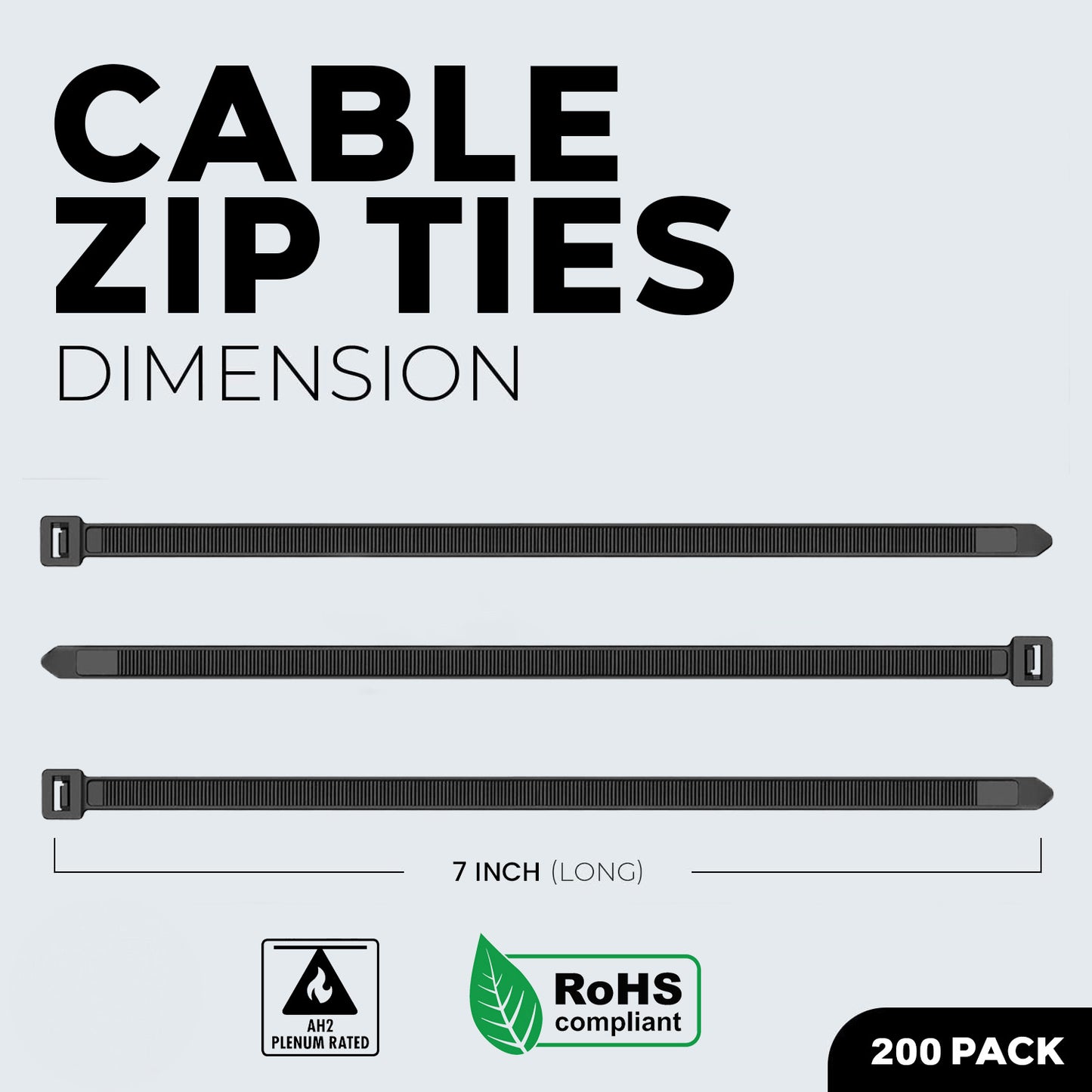 200 Pcs 7" Inch Black Nylon Cable Straps Zip Ties Wire 50 Lbs Test