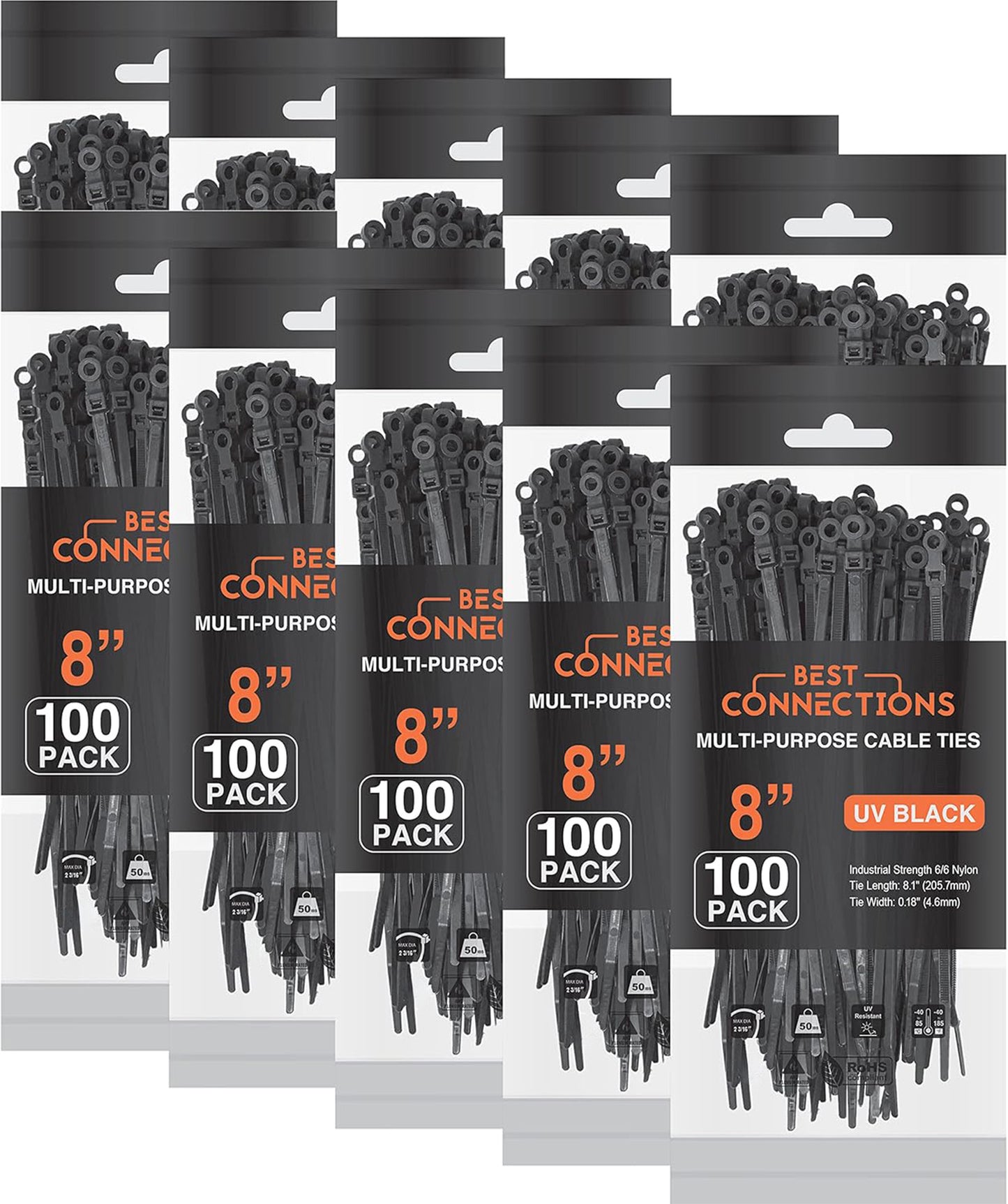 Best Connections 1000 Pieces 8" Screw Down Nylon Cable Zip Ties Mounting Hole 50 Lbs Test Black
