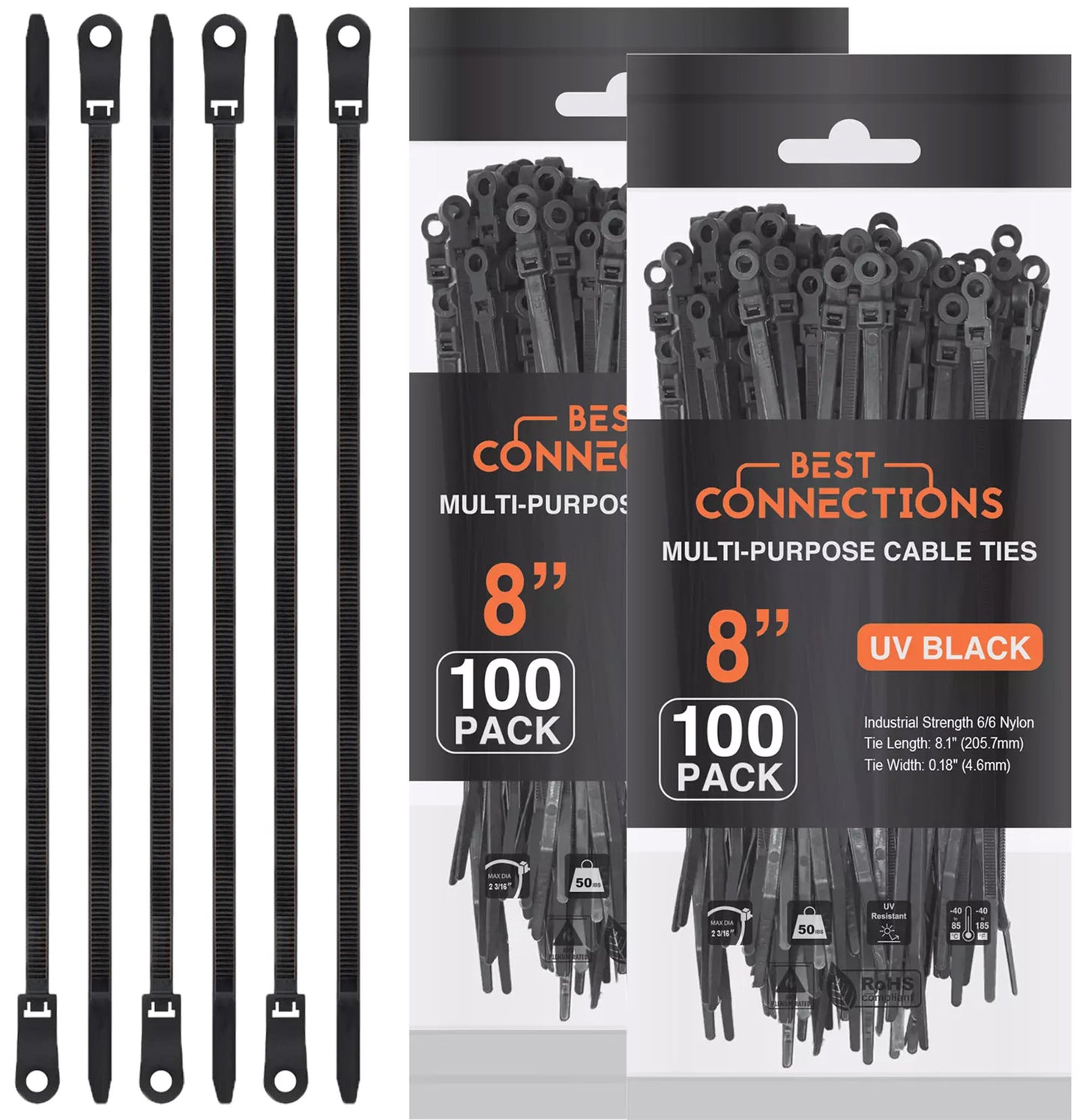 Best Connections 200 Pieces 8" Screw Down Nylon Cable Zip Ties Mounting Hole 50 Lbs Test Black