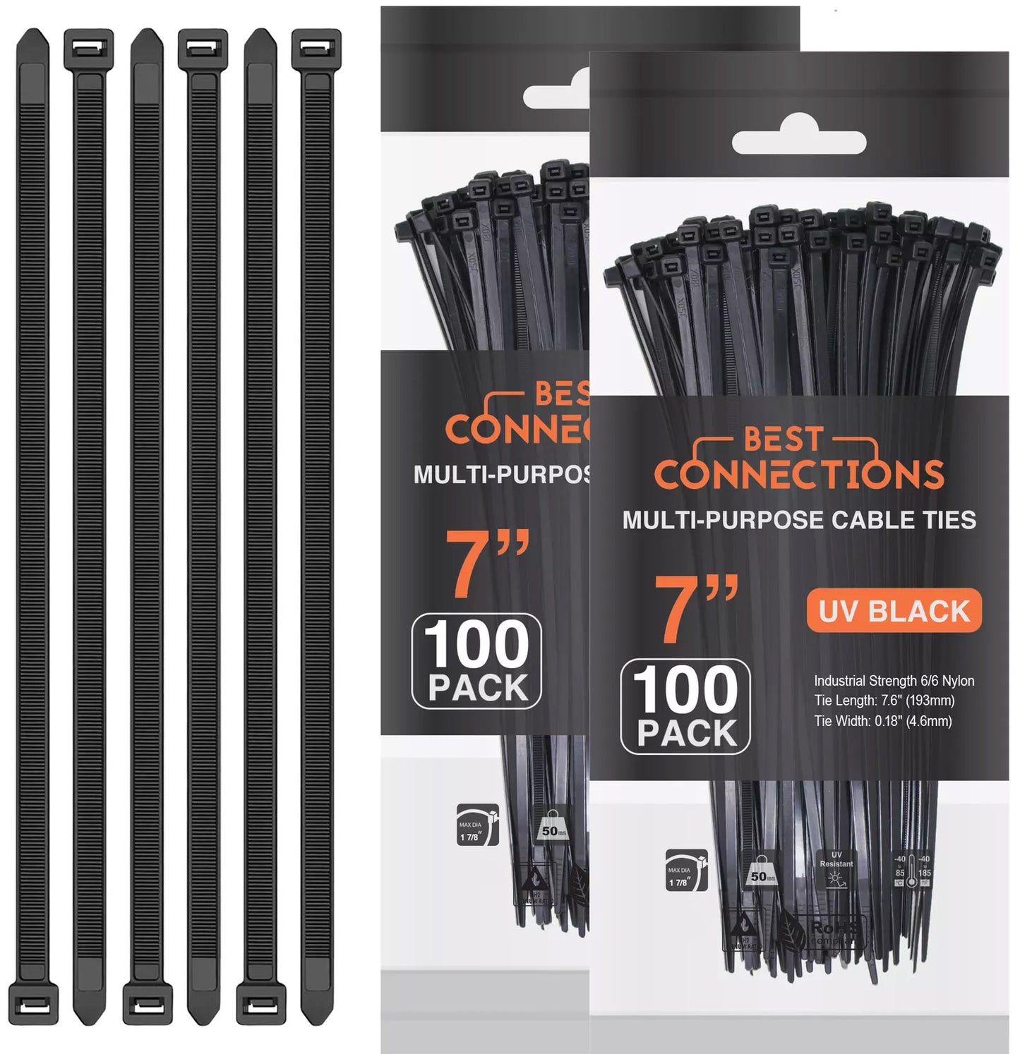 200 Pcs 7" Inch Black Nylon Cable Straps Zip Ties Wire 50 Lbs Test