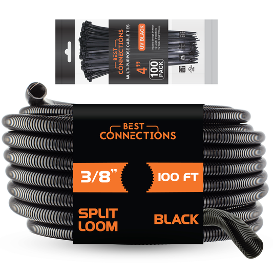 Best Connections 100 Ft 3/8" Split Wire Loom Tubing Combo 100 Pcs 4" Nylon Cable Zip Ties