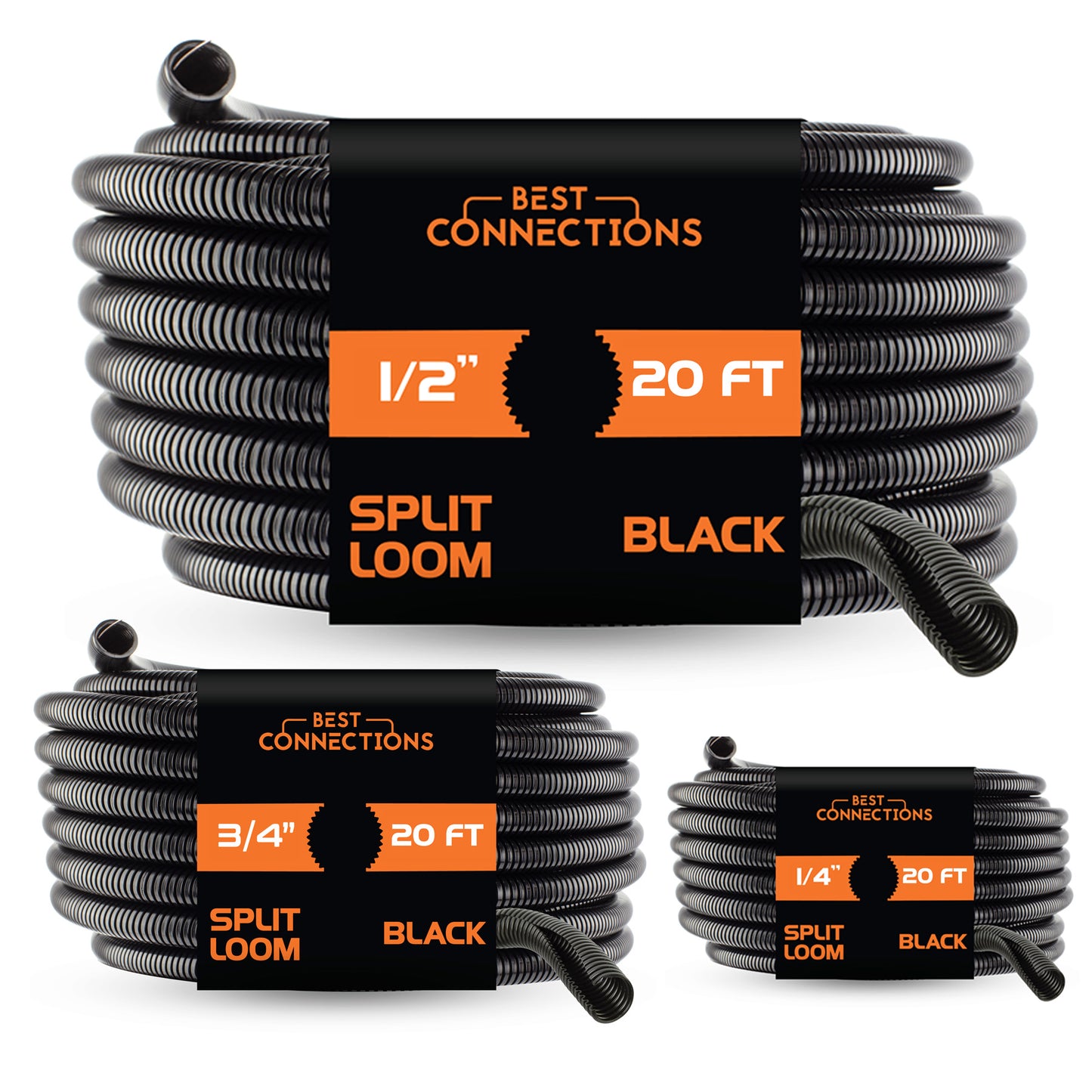 BEST CONNECTIONS (1/4" X 20 ft) (1/2" X 20 ft) (3/4" X 20 ft) Assorted Split Wire Loom Flex-Guard Convoluted Tubing – Protective Split Cable Sleeves/Conduit – Black