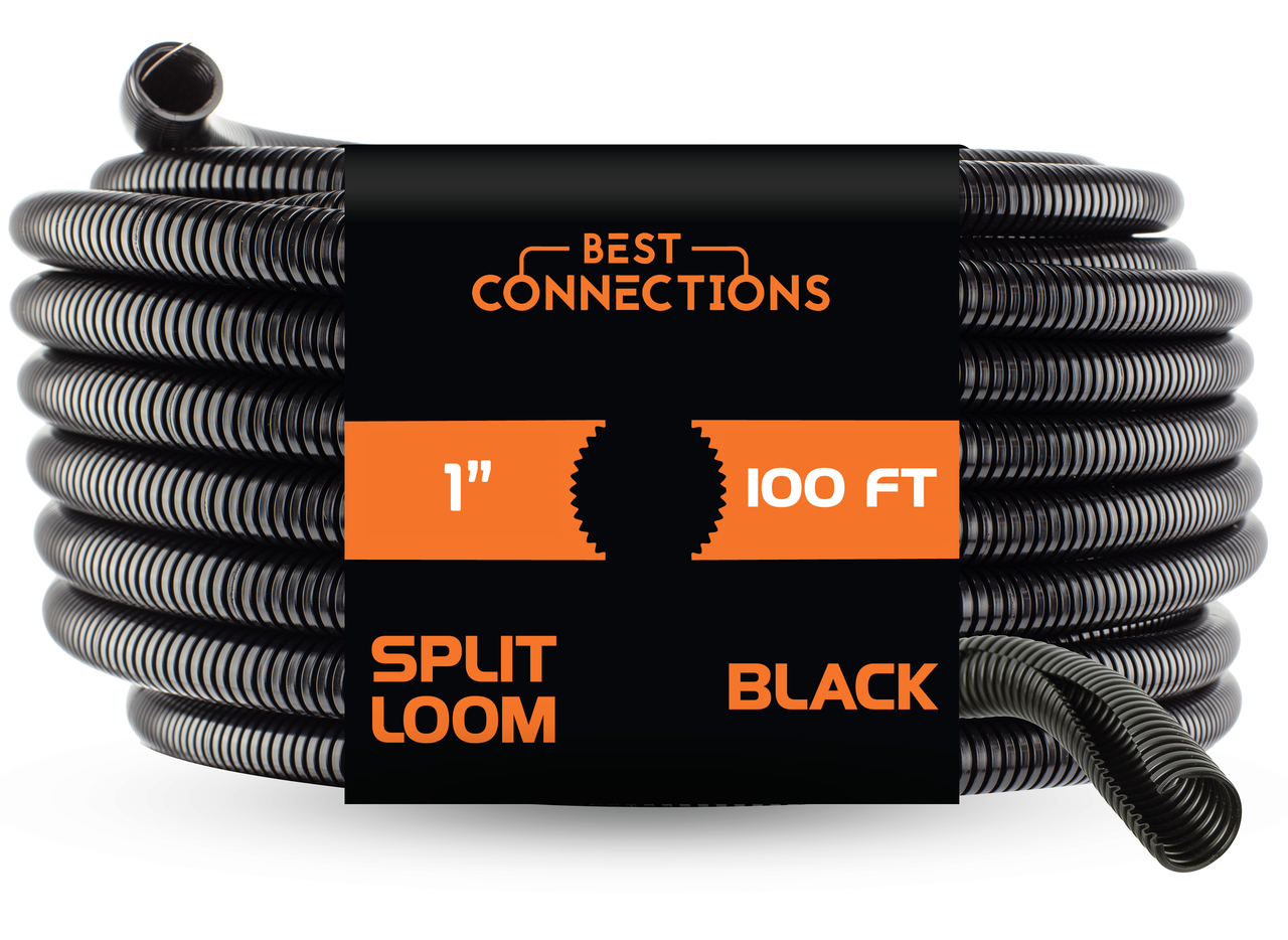 BEST CONNECTIONS 100 Ft – 1" Diameter Split Wire Loom Flex-Guard Convoluted Tubing with 100 Pcs x 7" Nylon Cable Zip Ties – Protective Split Cable Sleeves for Automotive Home Electrical Wires – Black