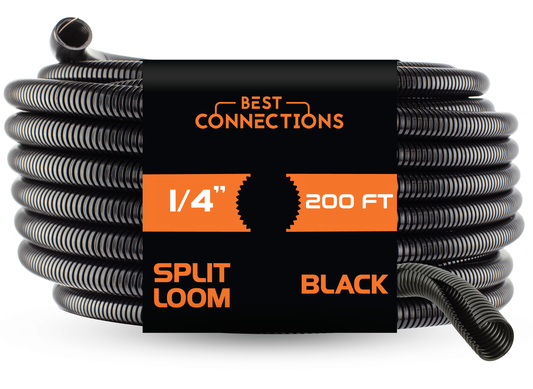 Best Connections Wire Loom Black 200' Feet 1/4" Split Tubing Hose Cover Auto Home Marine poly