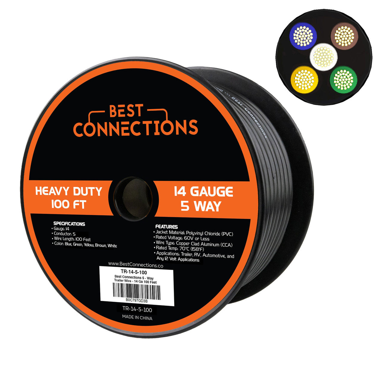 BEST CONNECTIONs 5 Way Trailer Wire – Heavy Duty 14 Gauge 5 Conductor Insulated RV