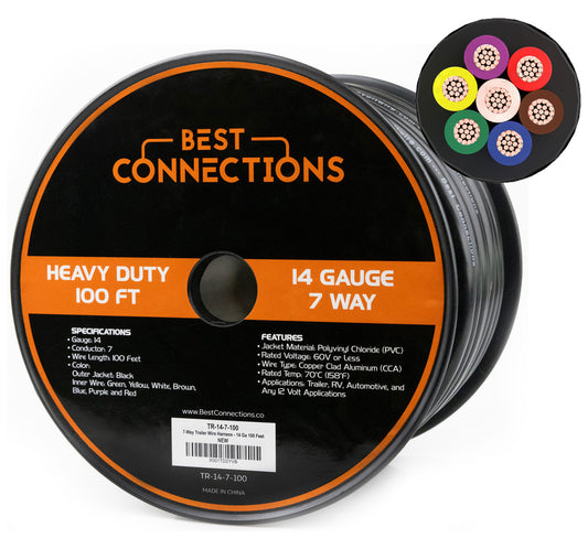 BEST CONNECTIONS 7 Way Trailer Wire – Heavy Duty 14 Gauge 7 Conductor Insulated Cable – Durable, Weatherproof, Color-Coded 7 Way Trailer Wiring Extension for RV Trailer and Automotive