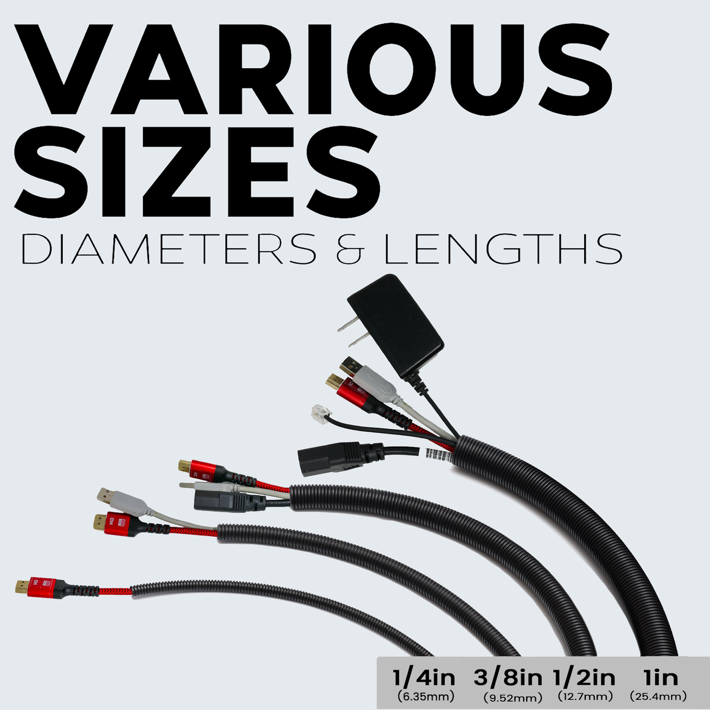 Best Connections 20 Ft Split Loom 1/4" 3/8" 1/2" Black Wire Harness Wrap w/ 7" Nylon Cable Ties