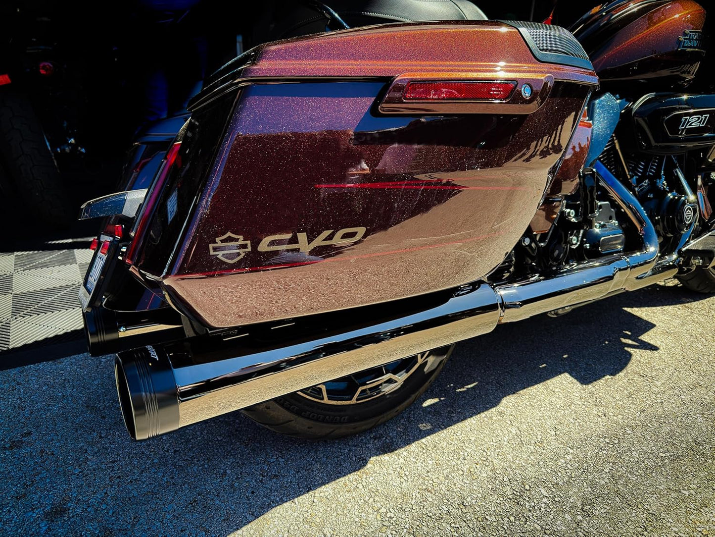 4.5" slip-on mufflers for 2017 and later Harley Touring models - "Gunsmoke" with Black End Caps