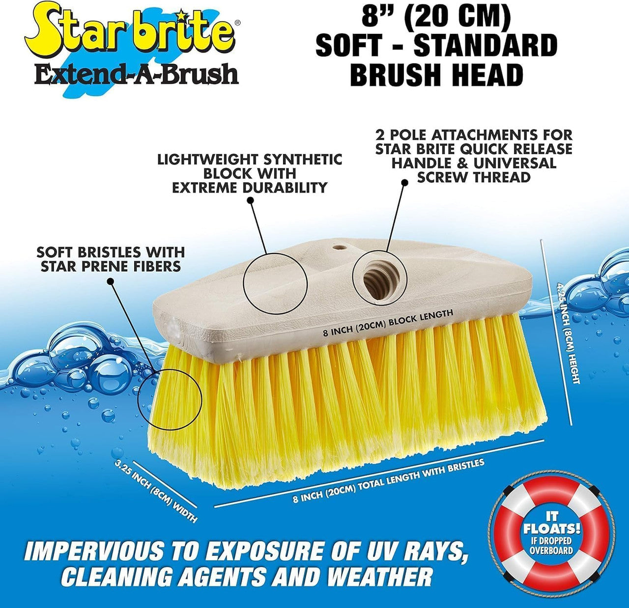 StarBrite 8-Inch Medium & Soft Wash Brush Head Combo - Premium Boat Deck Cleaning Brush - Extend-A-Brush Compatible - High-Density Star Prene Fibers