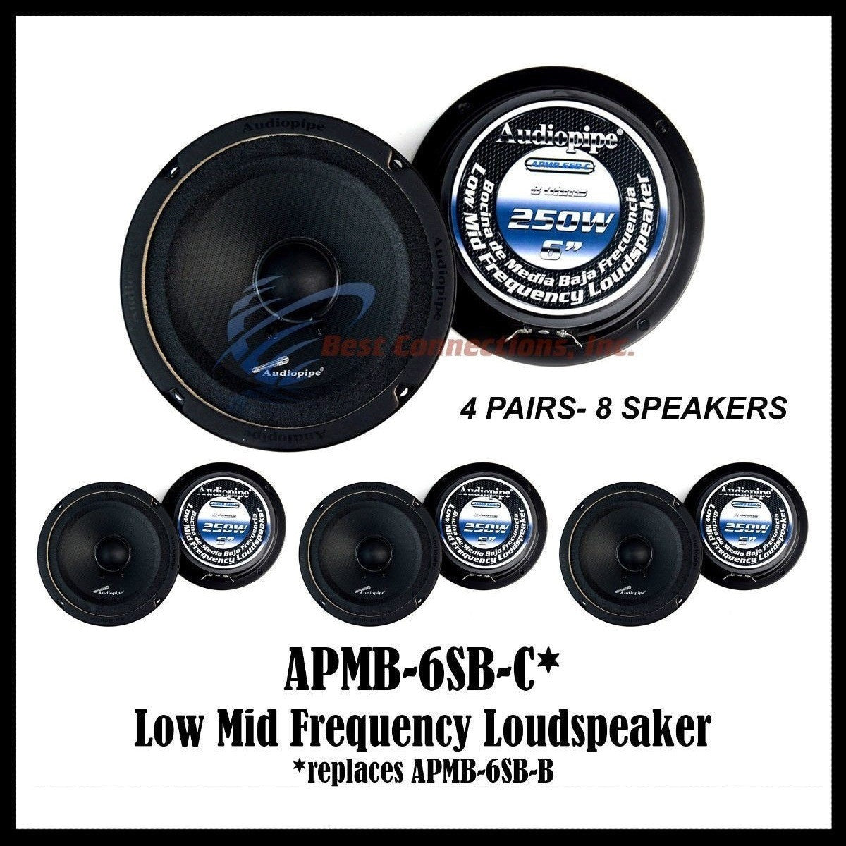 8 pcs Audiopipe APMB-6SB-C Sealed Back 6.5" 6" Full Range Full Case Loudspeaker