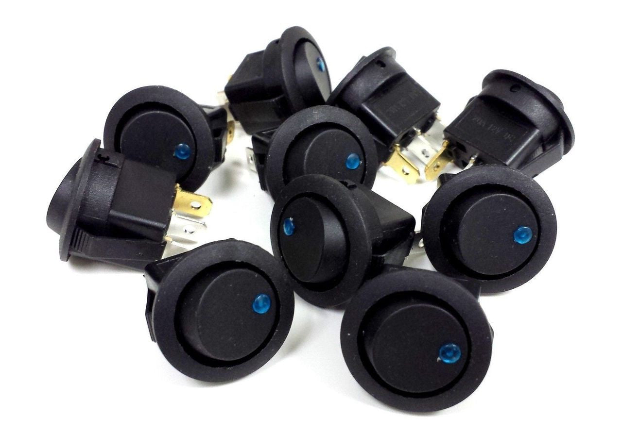 Audiopipe Black Round Rocker Switch with Blue LED 3 Prong CAR SPST TOGGLE 10 PC