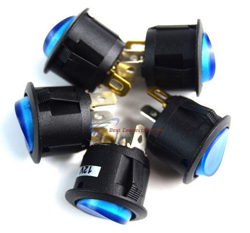 Switch Round 3 Prong BLUE LED Rocker Switch SPST Switch 5 Pack EC-1217