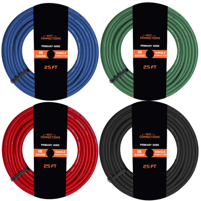 18 Gauge Car Audio Primary Wire (25ft–4 Rolls)– Remote, Power/Ground Electrical