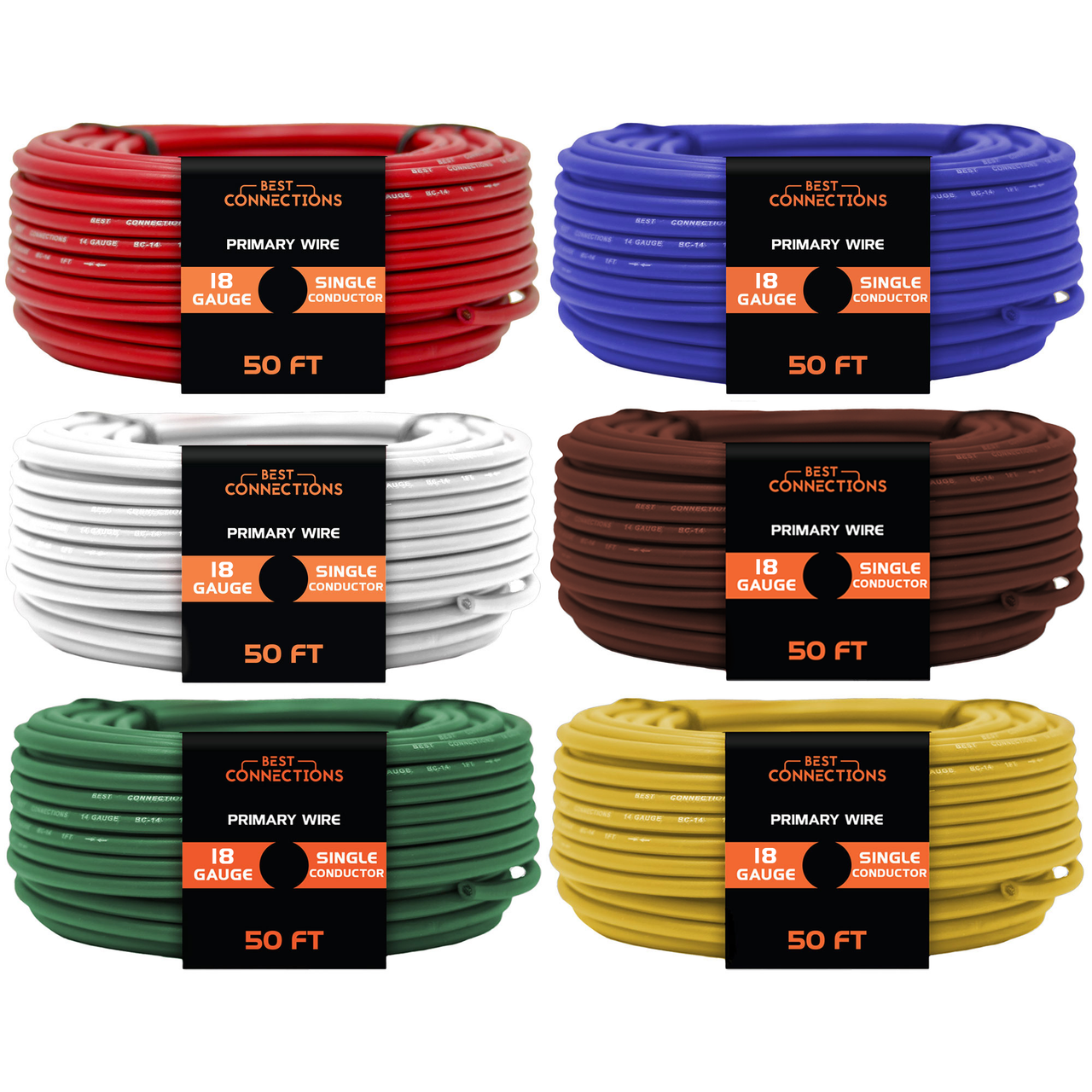 BEST CONNECTIONS 18 Gauge Automotive Primary Wire | Ideal for Automotive, Speaker, and Lighting Circuits | Primary/Remote, Power/Ground Electrical Wiring (50 Feet, 6 Rolls)