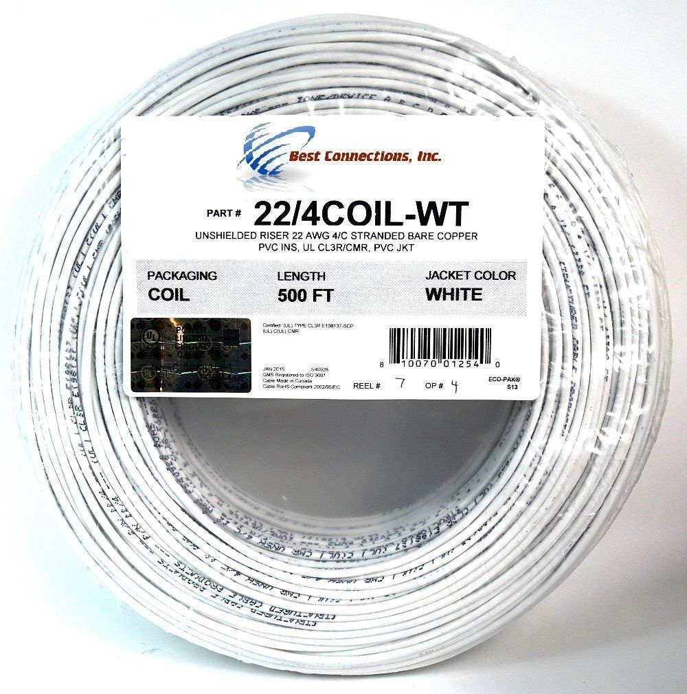 500' ft 22 Gauge 4 Conductor Stranded Security Alarm COPPER Wire Cable White