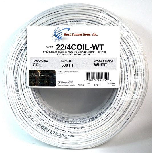 500' ft 22 Gauge 4 Conductor Stranded Security Alarm COPPER Wire Cable White