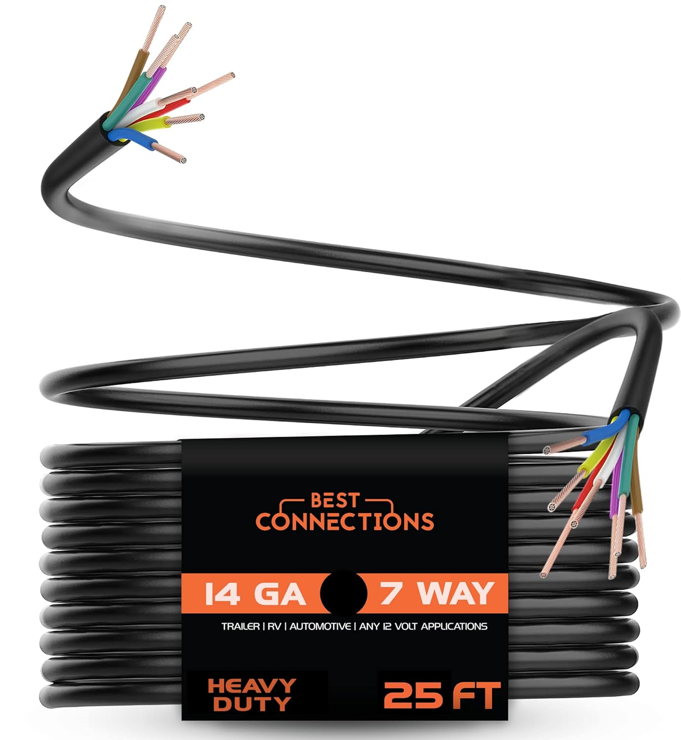 BEST CONNECTIONS 7 Way Trailer Wire – Heavy Duty 14 Gauge 7 Conductor Insulated Cable – Durable, Weatherproof, Color-Coded 7 Way Trailer Wiring Extension for RV Trailer and Automotive