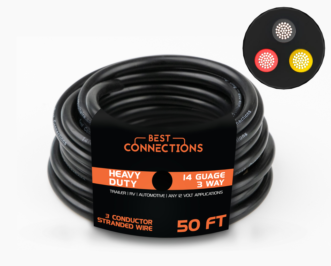 3 Way Trailer Wire (50 Feet) – Heavy Duty 14 Gauge 3 Conductor Insulated RV