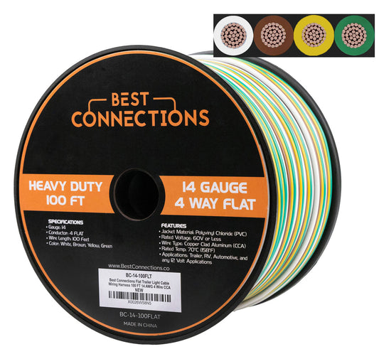 BEST CONNECTIONS 4 Way Bonded Flat Trailer Wire (100 Feet) 14 Gauge 4 Single Conductor Primary Wire - Durable, Weatherproof, Color-Coded 4 Pin Trailer Wiring Extension for Trailer and Automotive