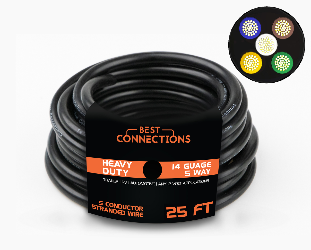 5 Way Trailer Wire (25 Feet) – Heavy Duty 14 Gauge 5 Conductor Insulated RV