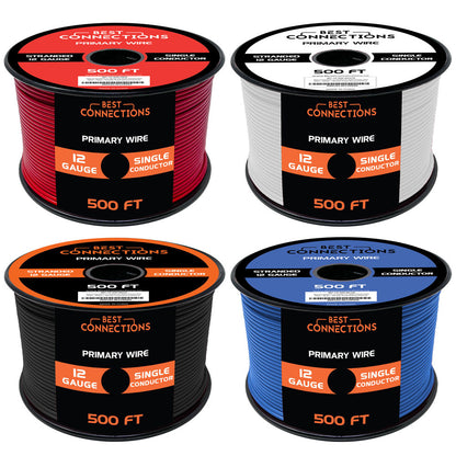 BEST CONNECTIONS 12 Gauge Automotive Primary Wire (500ft Each 4 Color Bundle Set) | Ideal for Trailer, and Lighting Circuits | Durable Primary/Remote, Power/Ground Electrical Wiring