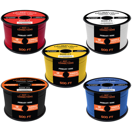 BEST CONNECTIONS 12 Gauge Automotive Primary Wire (500ft Each 5 Color Bundle Set) | Ideal for Trailer, and Lighting Circuits | Durable Primary/Remote, Power/Ground Electrical Wiring