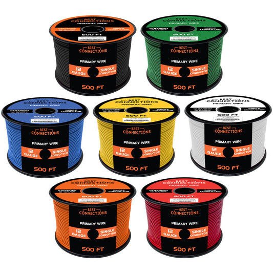 BEST CONNECTIONS 12 Gauge Automotive Primary Wire (500ft Each 7 Color Bundle Set) | Ideal for Trailer, and Lighting Circuits | Durable Primary/Remote, Power/Ground Electrical Wiring