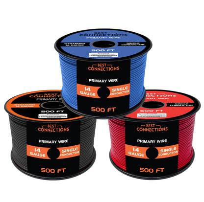 BEST CONNECTIONS 14 Gauge Automotive Primary Wire (500ft Each 3 Color Bundle Set) | Ideal for Trailers, and Lighting Circuits | Durable Primary/Remote, Power/Ground Electrical Wiring