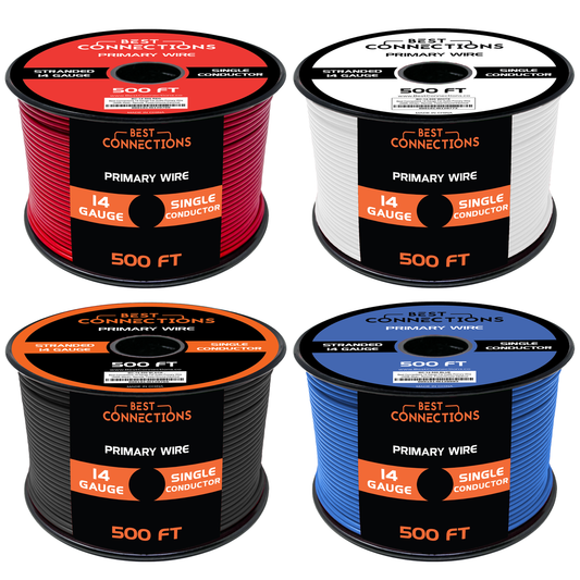 BEST CONNECTIONS 14 Gauge Automotive Primary Wire (500ft Each 4 Color Bundle Set) | Ideal for Trailer, and Lighting Circuits | Durable Primary/Remote, Power/Ground Electrical Wiring