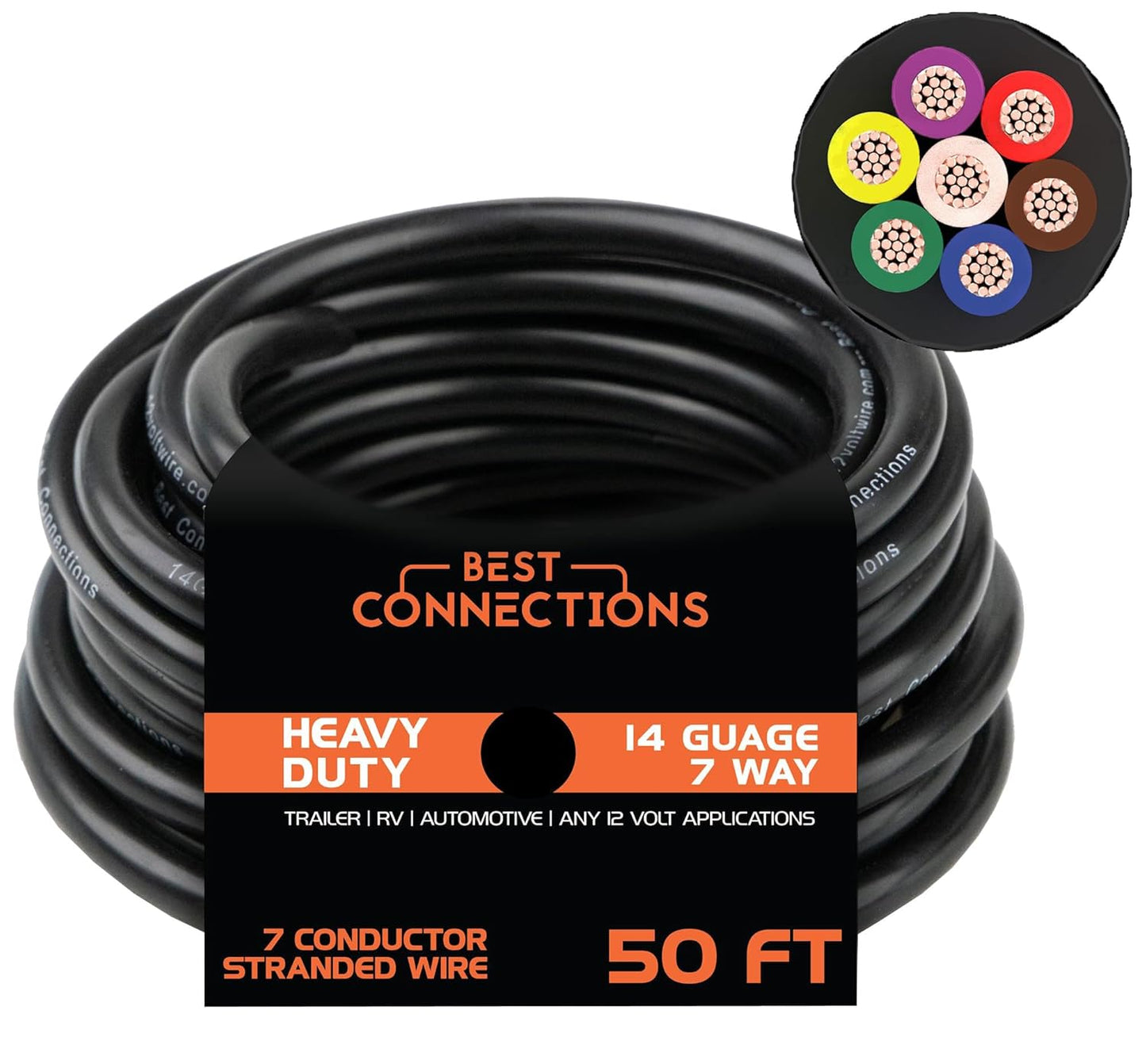 BEST CONNECTIONS 7 Way Trailer Wire – Heavy Duty 14 Gauge 7 Conductor Insulated Cable – Durable, Weatherproof, Color-Coded 7 Way Trailer Wiring Extension for RV Trailer and Automotive