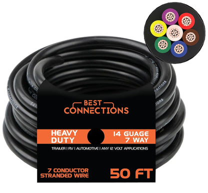 BEST CONNECTIONS 7 Way Trailer Wire – Heavy Duty 14 Gauge 7 Conductor Insulated Cable – Durable, Weatherproof, Color-Coded 7 Way Trailer Wiring Extension for RV Trailer and Automotive