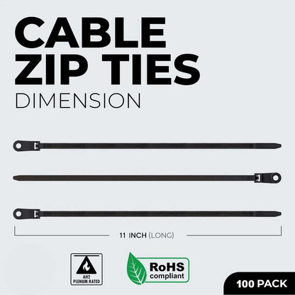 BEST CONNECTIONS Black Cable Zip Ties 11 Inches with Screw Down Hole for Mounting- Strong Nylon Wire Ties with 50lbs Tensile Strength – Cable Management Ties for Outdoor & Indoor