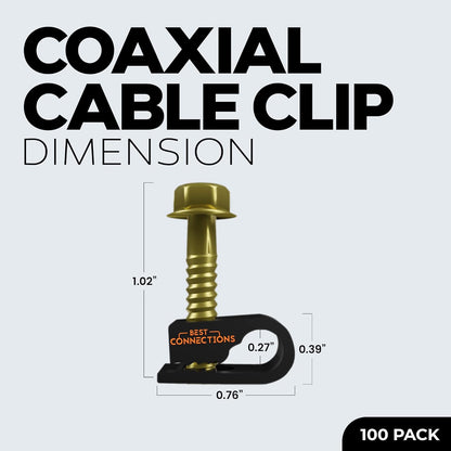 BEST CONNECTIONS Coaxial Cable Clips with Pre-Inserted Screw – Black Single Cable Mounting Clamps for Coax Cable (RG6, RG59) and Ethernet Cable, Cord Fastener/Strain Relief Clip