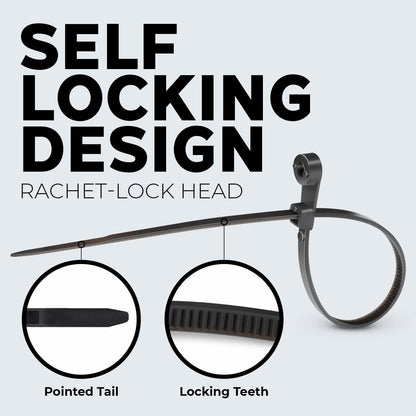 BEST CONNECTIONS Black Cable Zip Ties 11 Inches with Screw Down Hole for Mounting- Strong Nylon Wire Ties with 50lbs Tensile Strength – Cable Management Ties for Outdoor & Indoor