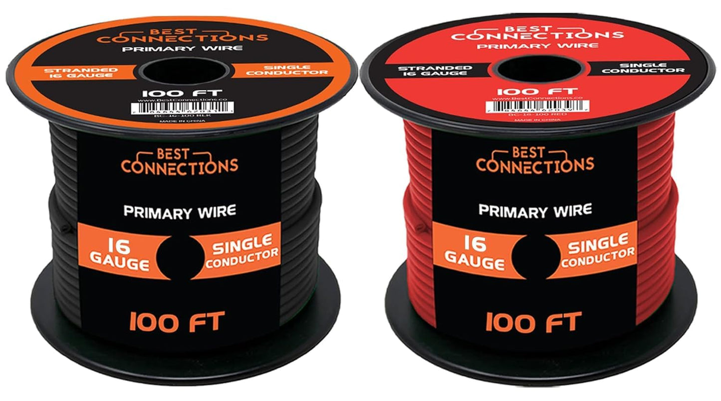 BEST CONNECTIONS 16 Gauge Automotive Primary Wire - 100ft | Ideal for Trailer, Speaker, and Lighting Circuits | Durable Primary/Remote, Power/Ground Electrical Wiring