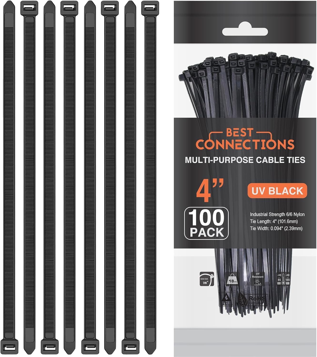 BEST CONNECTIONS Black Cable Zip Ties 4 Inch Strong Nylon Wire Ties with 18 lbs Tensile Strength Cable Management Ties for Outdoor & Indoor
