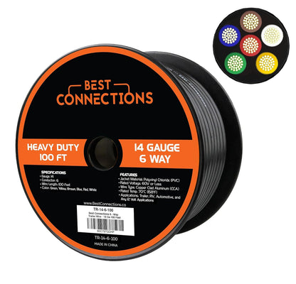 BEST CONNECTIONS 6 Way Trailer Wire – Heavy Duty 14 Gauge 6 Conductor Insulated RV